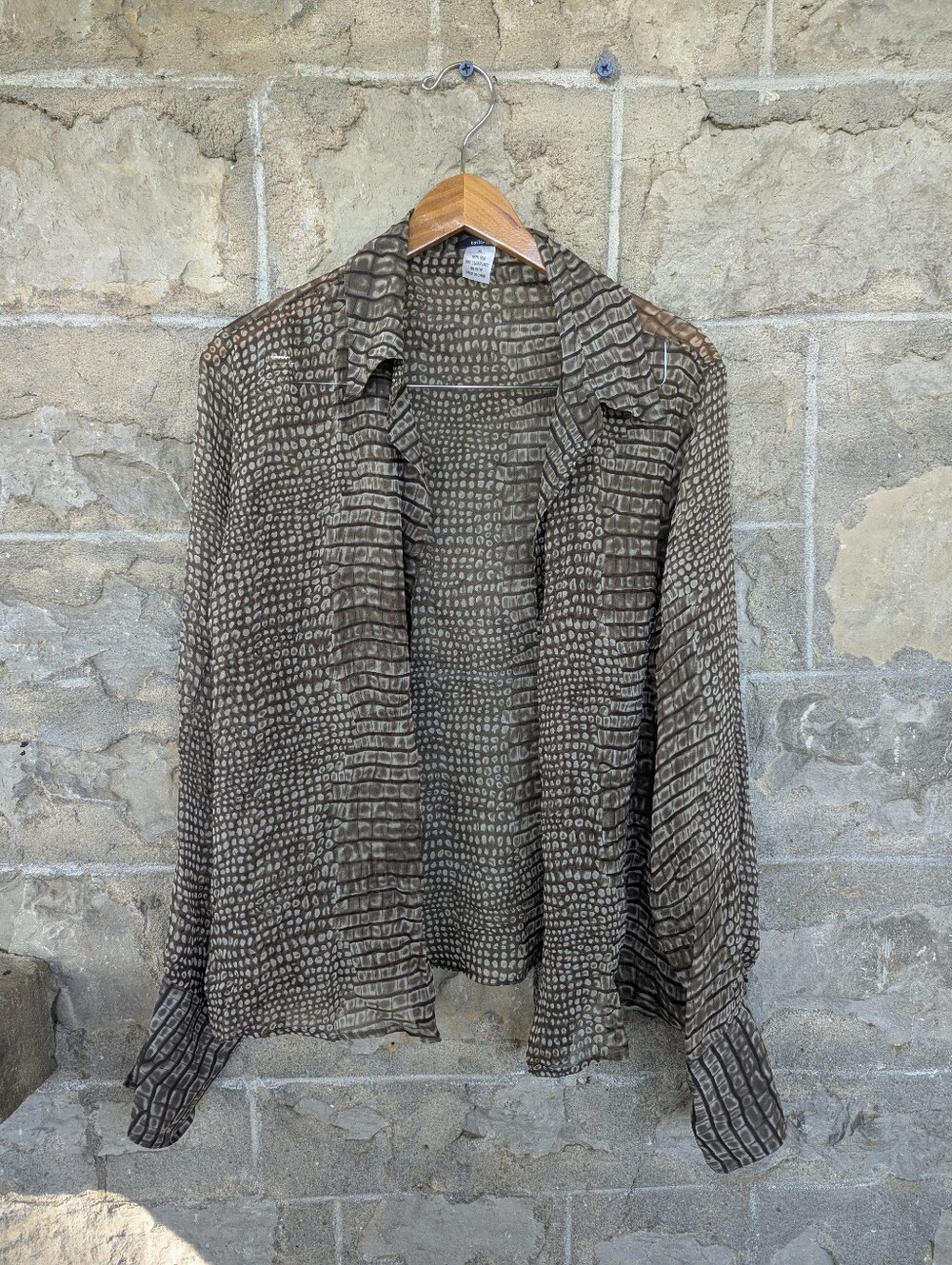 100% Silk Lightweight Brown Reptile Patterned Women's Button-Up Blouse